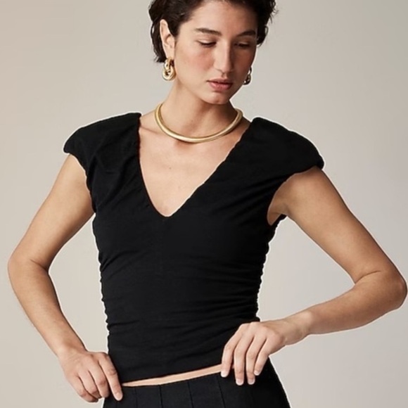 J. Crew Tops - NEW J. CREW Ruched V-neck top in stretch cotton blend puff sleeves black Size XS